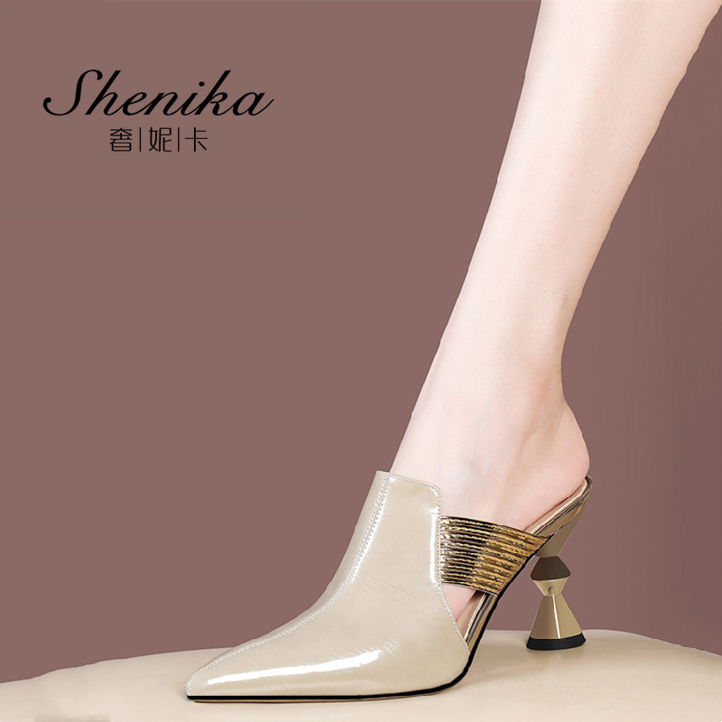 奢妮卡细跟真皮包头半拖鞋女外穿图片