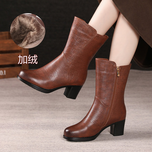 真皮短靴女新款牛皮中筒靴冬季加绒保暖软底软面高跟妈妈马丁靴子