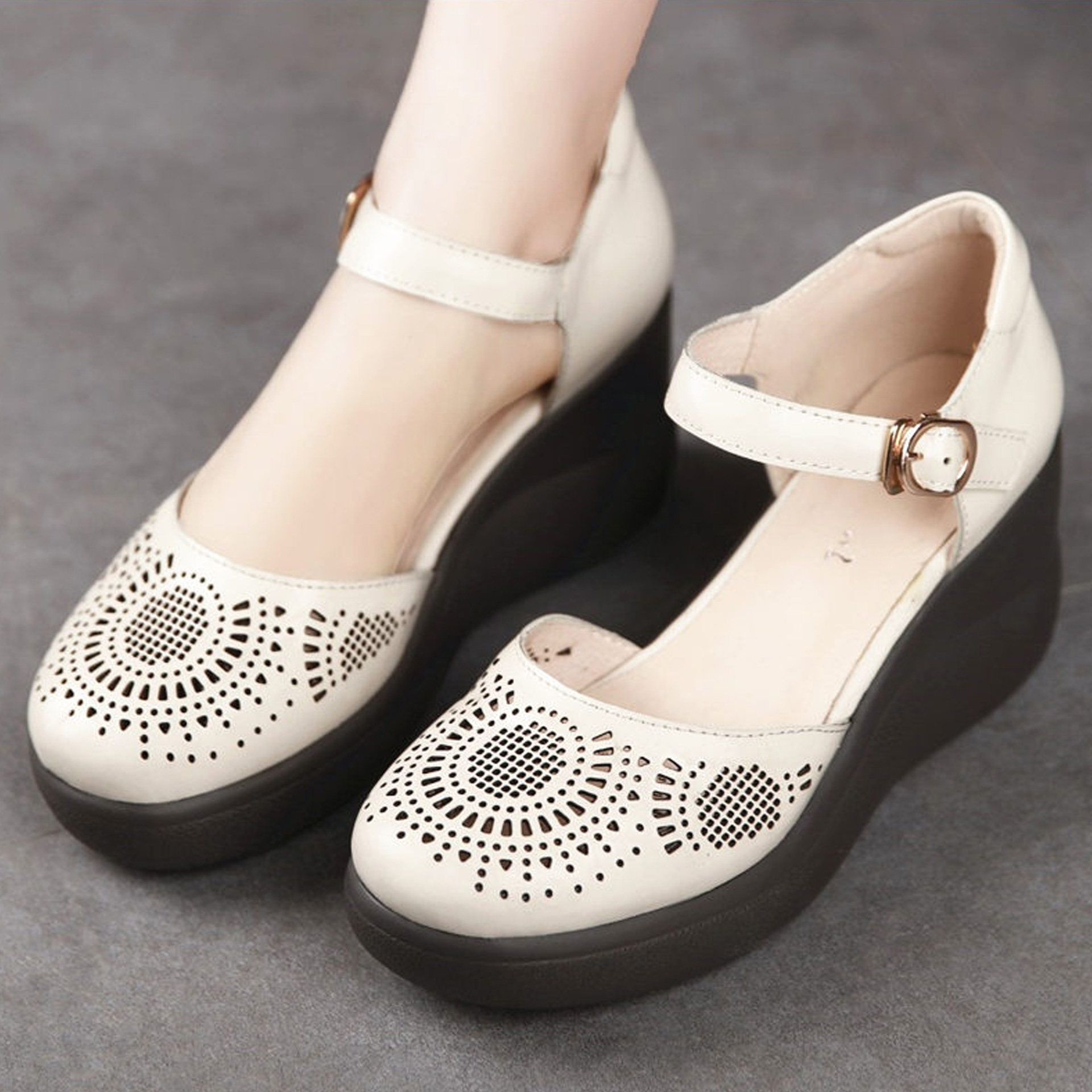 2025夏新款包头凉鞋复古松糕厚底坡跟大头镂空妈妈鞋手工真皮女鞋