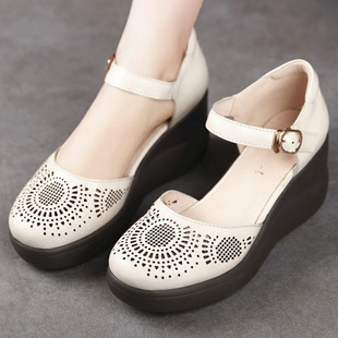 手工真皮女鞋 复古松糕厚底坡跟大头镂空妈妈鞋 包头凉鞋 2025夏新款