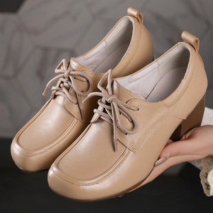 2026春秋新款单鞋女头层牛皮软底系带复古民族风妈妈鞋不累脚粗跟