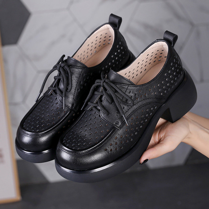 洞洞系带单鞋春夏新款厚底粗跟真皮超软底镂空凉鞋头层牛皮妈妈鞋