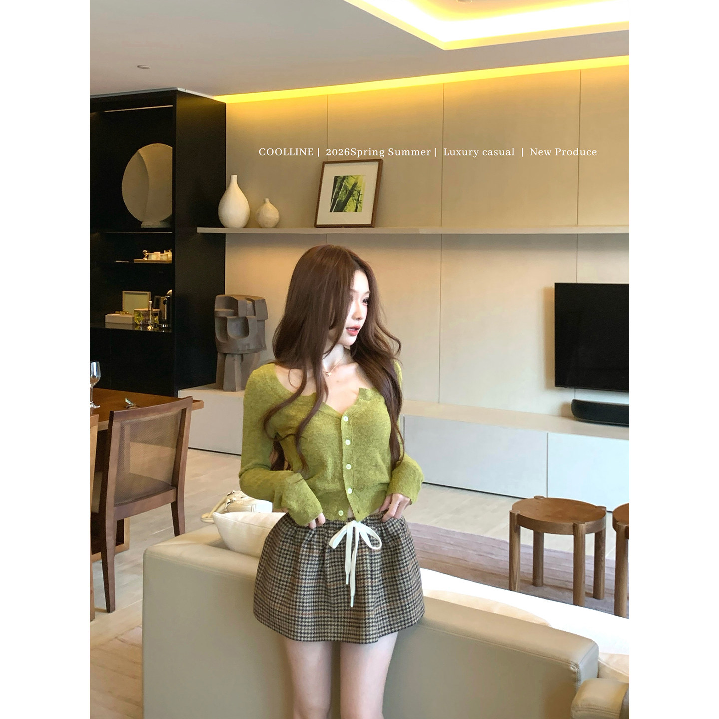 COOLLINE林子熙 伊甸园 巨显白！苔藓绿miu系私服上衣格子蓬蓬裙