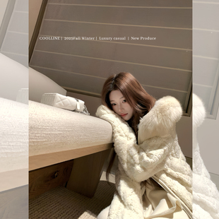 COOLLINE林子熙 千金感大毛领羊毛连帽外套女小众贵气上衣 雪天使