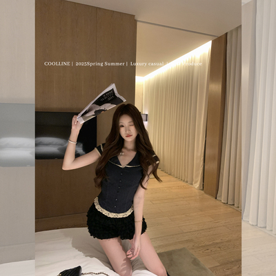 林子熙法式波点蕾丝花边拼接上衣