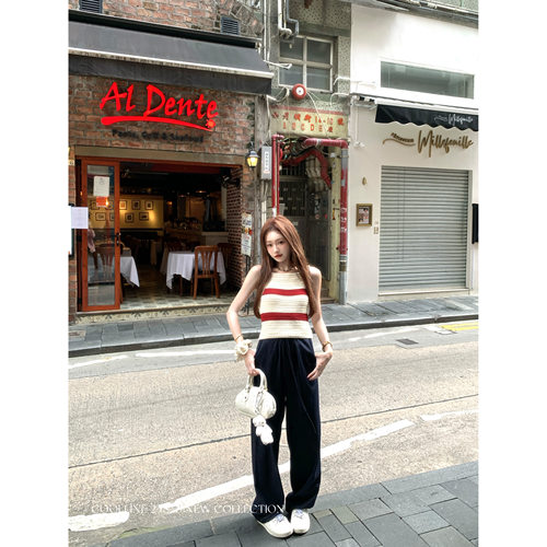 针织背心红色条纹港风