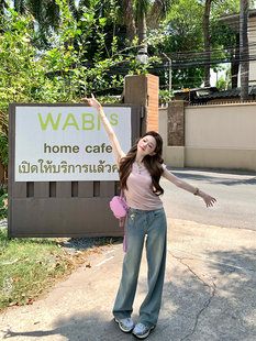 女夏 浅蓝色灰色水洗牛仔高腰阔腿直筒裤 COOLLINE林子熙 百搭神裤