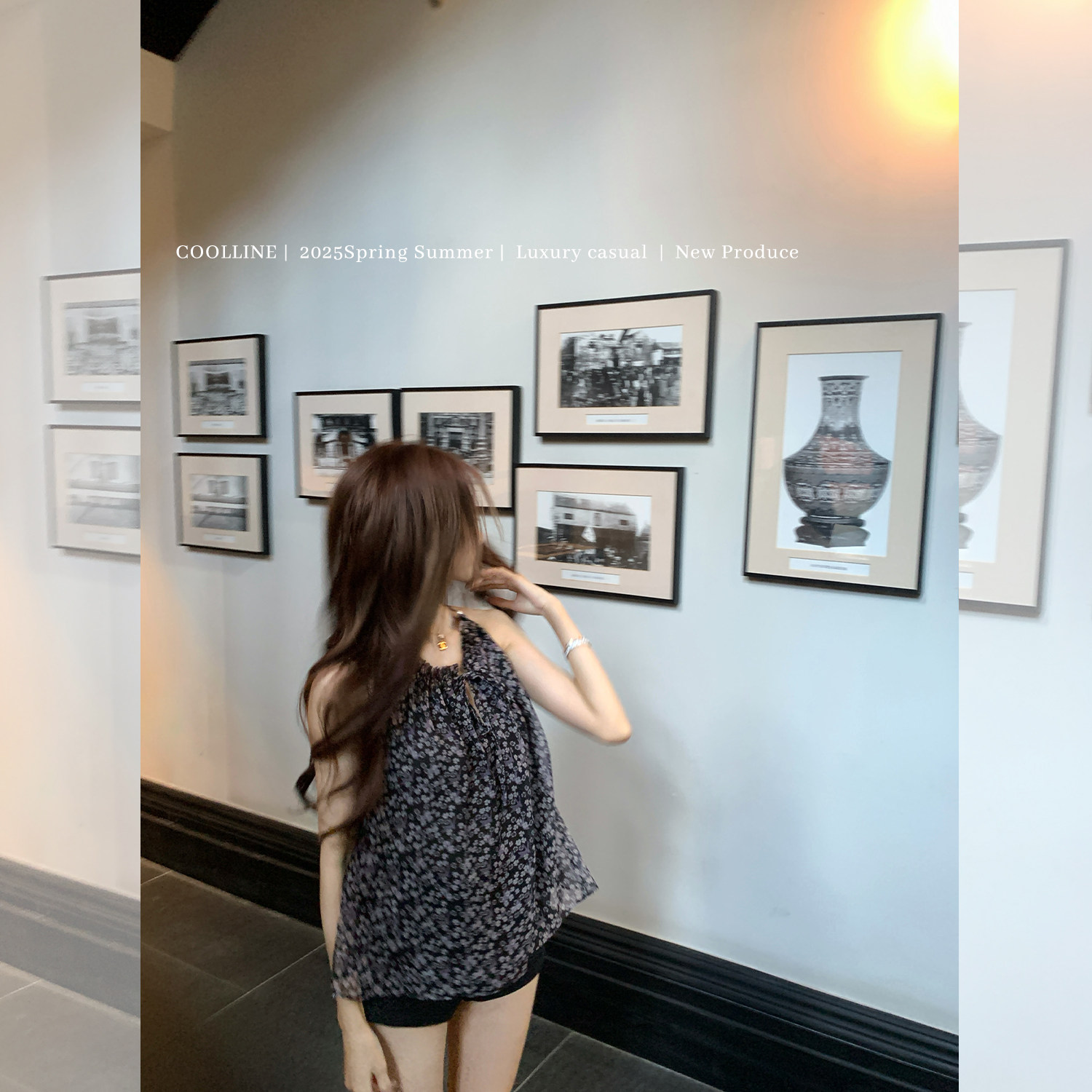 显白印花珍珠挂脖吊带