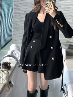 女时髦小个子直筒休闲裤 短裤 百搭高腰黑色西装 COOLLINE林子熙