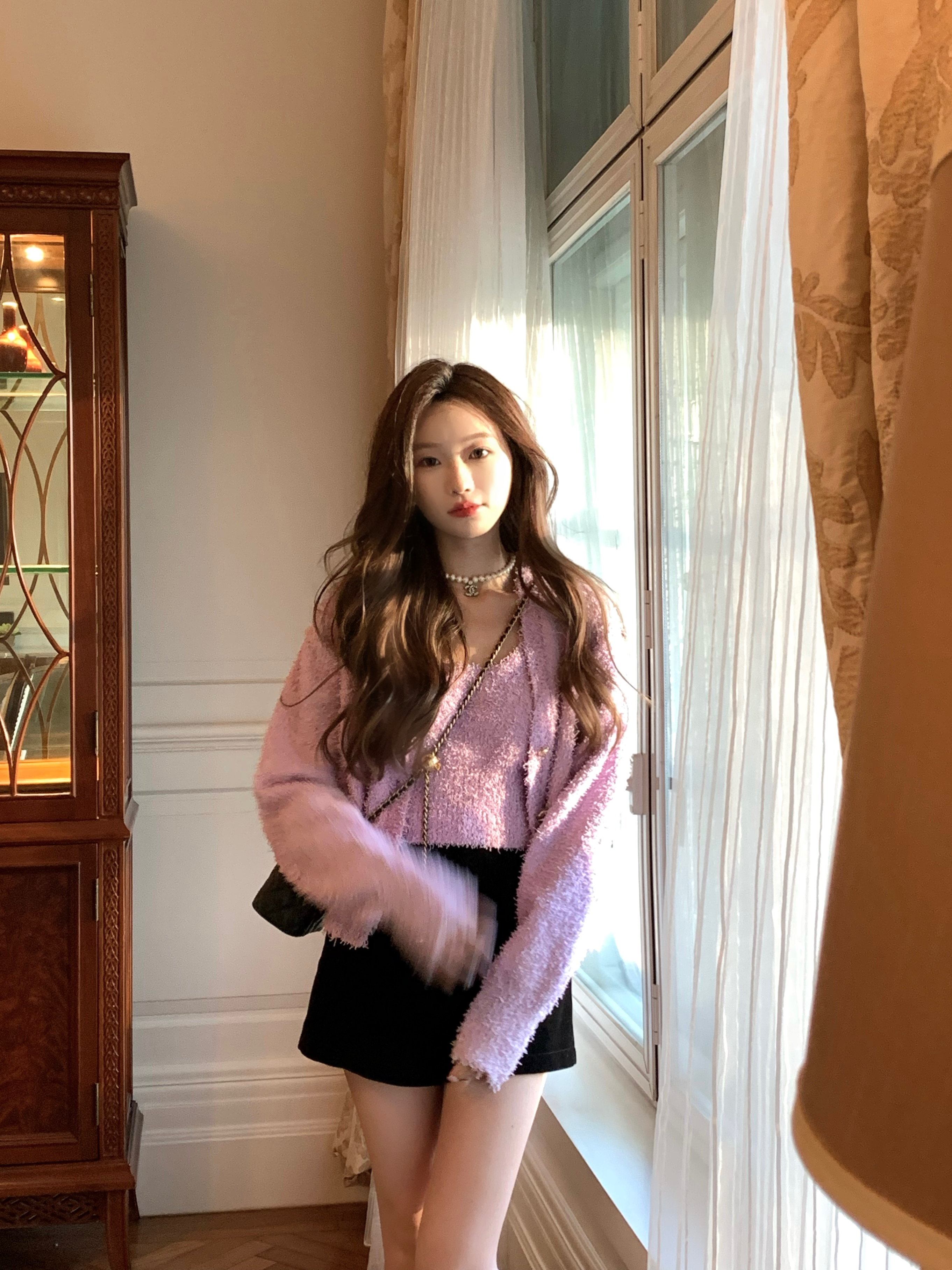 甜美罗兰紫吊带开衫套装