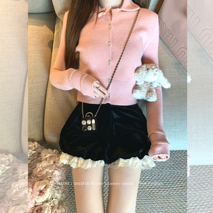 洋气黑丝绒蝴蝶结蕾丝拼接灯笼短裤 COOLLINE林子熙 doll美貌天赋