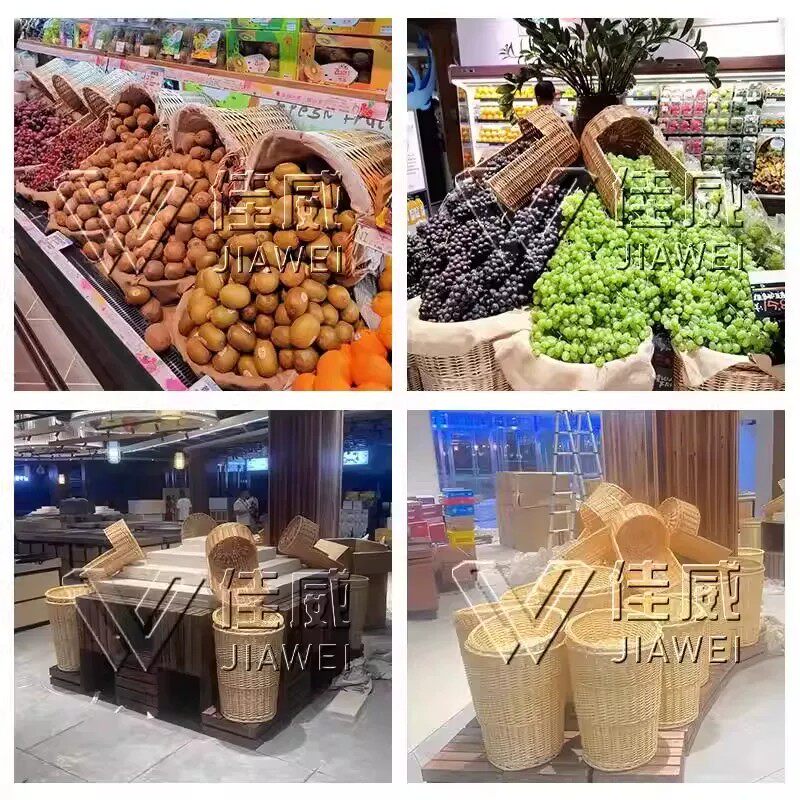 超市风幕柜陈列假底柳编筐生鲜陈列篮编织筐陈列道具情景水果地堆