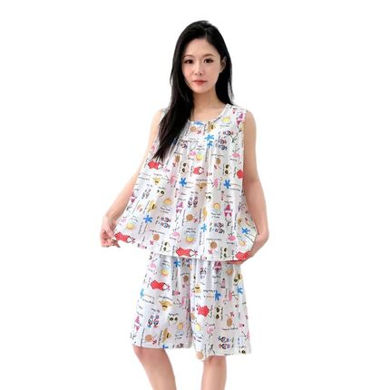 女夏新款花两件套家居服加肥大码宽松棉印花柔软舒适背心短裤睡衣