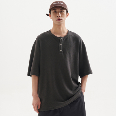 BUTTBILL 24SS日系复古华夫格短袖T恤亨利领宽松廓形上衣服男情侣