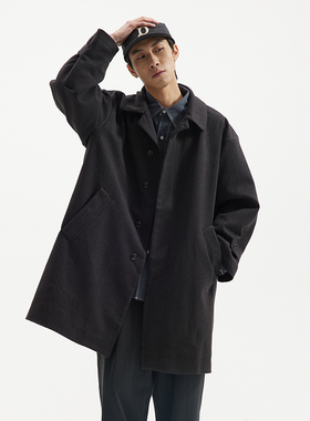 BUTTBILL21AW日系复古中长款毛呢大衣男西装领风衣加厚棉服外套