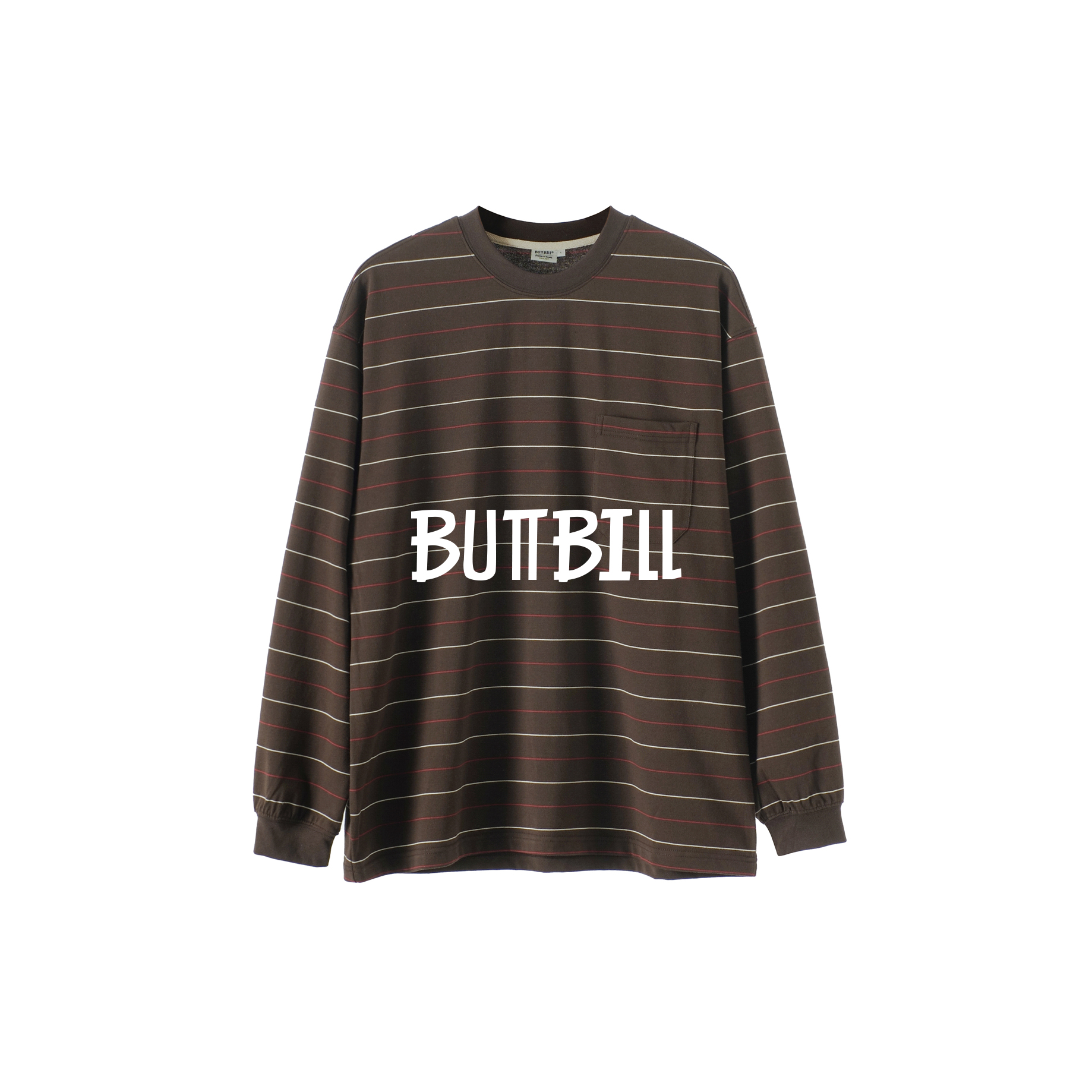 BUTTBILL 25AW撞色条纹纯棉复古通勤日系打底衫长袖t恤男情侣圆领