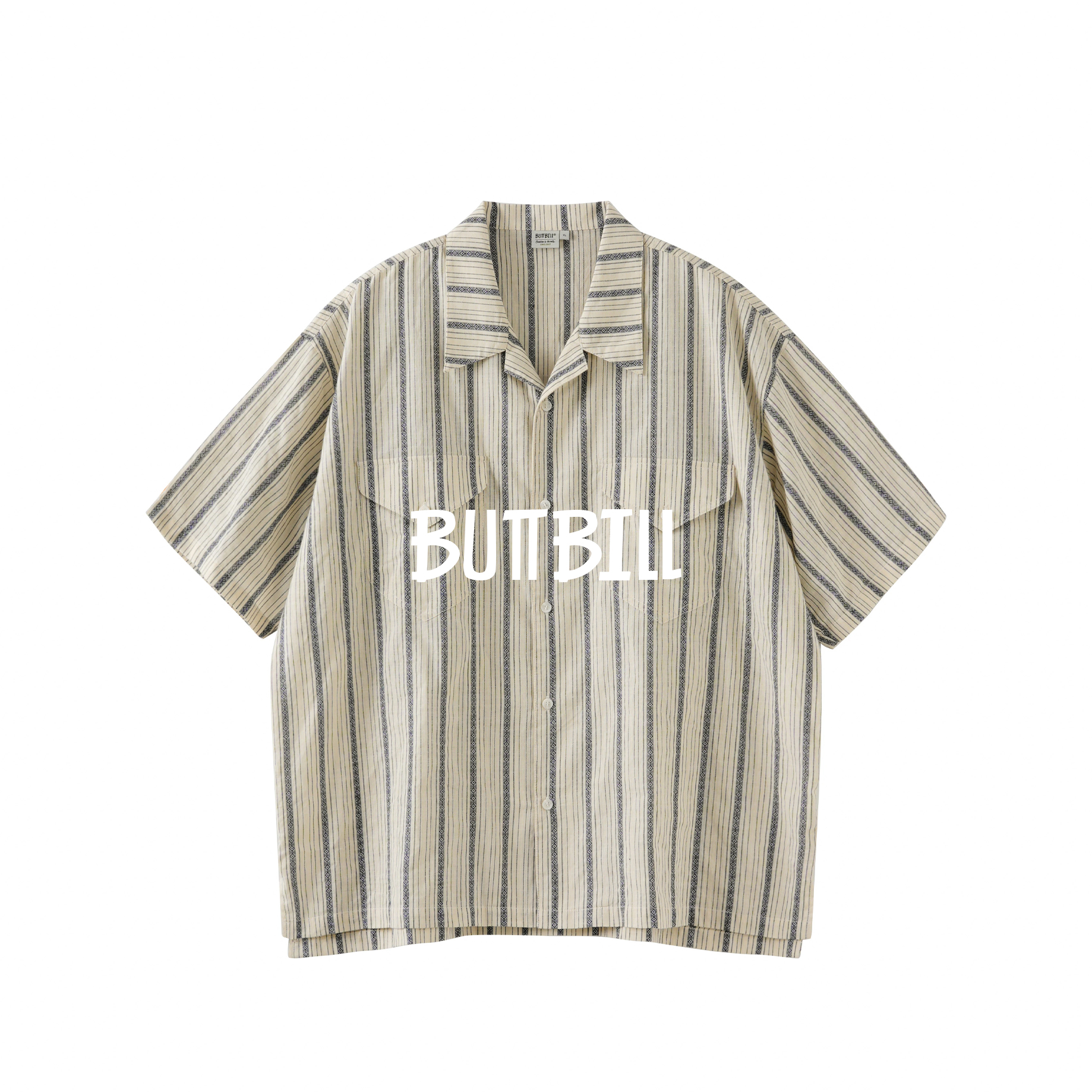 BUTTBILL24SS日系复古撞色条纹衬衫古巴领短袖廓形半袖衬衣外套