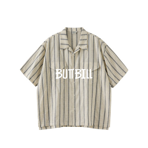 BUTTBILL24SS日系复古撞色条纹衬衫古巴领短袖廓形半袖衬衣外套