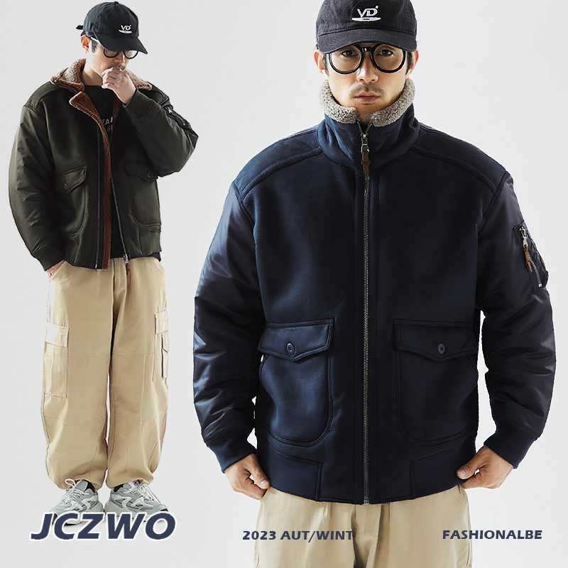 加厚冬麂皮复古夹克痞帅立领棉衣