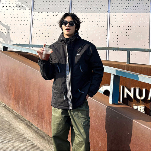 运动夹克男士冬季连帽冲锋上衣加棉保暖防风工装外套男款棉衣棉服