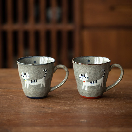 日本进口可爱猫咪手绘马克杯陶瓷杯子翔芳窑水杯家用斗笠碗茶杯