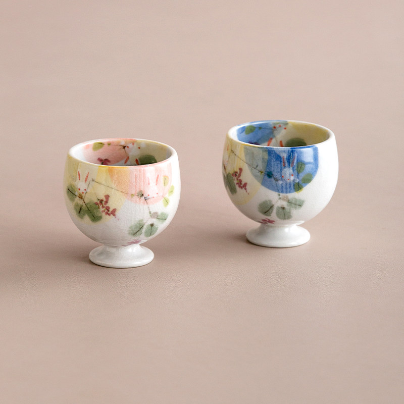 锅小姐 日本进口灶师窑山花兔高脚对杯日式手作清酒杯陶瓷茶杯