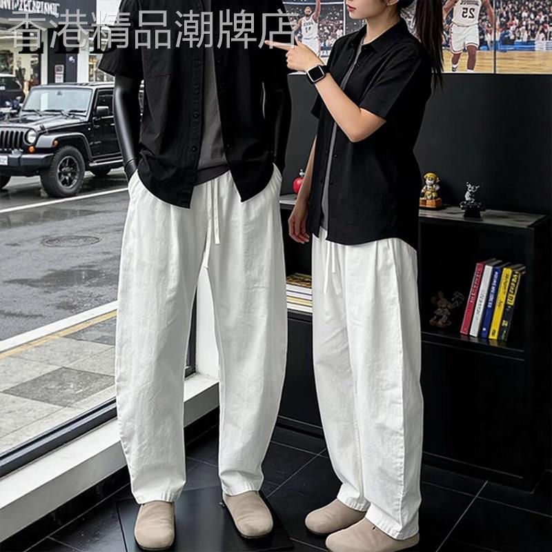 高端白色亚麻休闲裤男士夏季2026新款薄款美式老钱风棉麻弯刀裤子