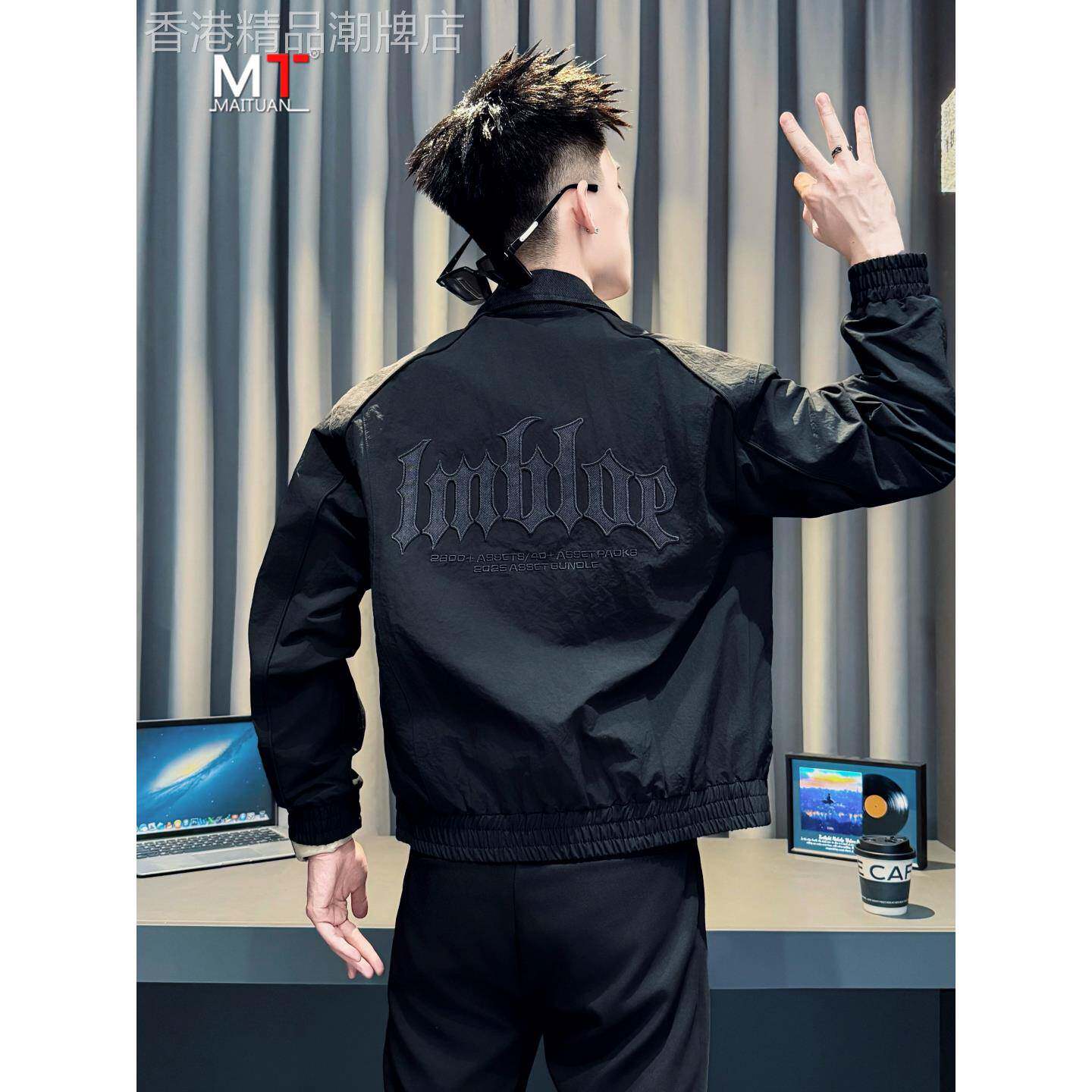 潮牌字母刺绣外套男士2025新款春秋冬季韩版短款修身休闲夹克男款