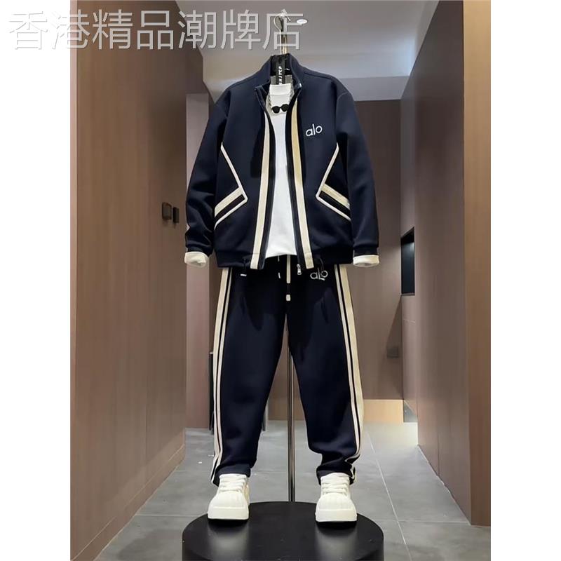 潮牌时尚织带拼接立领外套直筒裤两件套男秋季潮流宽松运动服套装图片