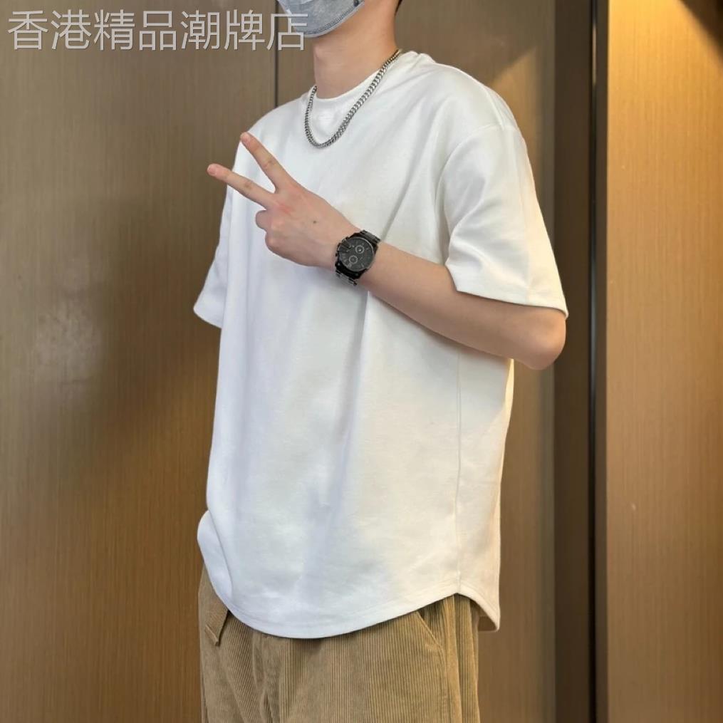高端美式白色短袖T恤男士2025新款夏季圆弧下摆美式宽松半袖男款