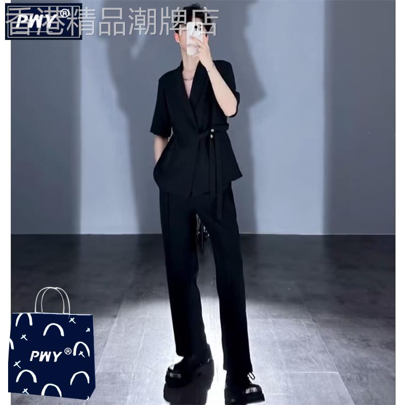 潮牌痞帅冰丝西装套装男士夏季薄款高级感中袖西服休闲小西装外套