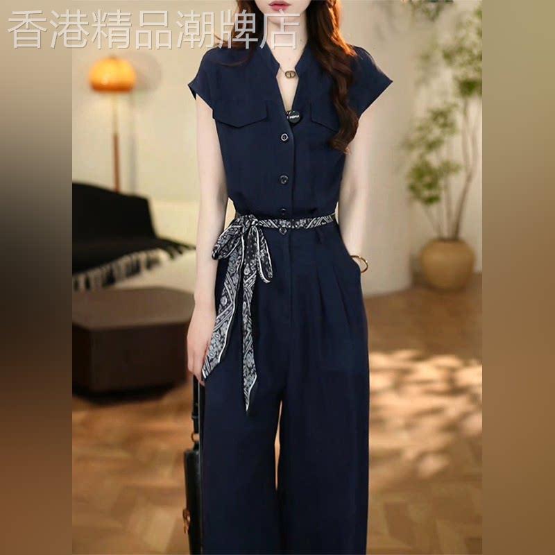 潮牌高级感时尚套装女夏季设计感洋派减龄短袖高腰宽裤子两件套