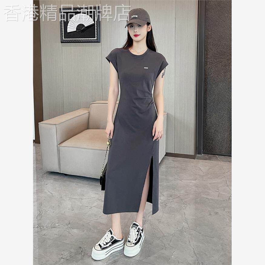 韩国气质短袖洋装女2026新款夏季高级感中长版收腰显瘦开叉裙子