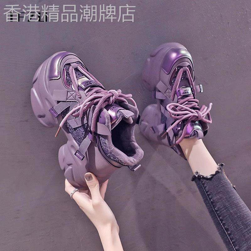 真皮紫色老爹鞋女春秋2025新款加绒小个子厚底松糕增高休闲运动鞋