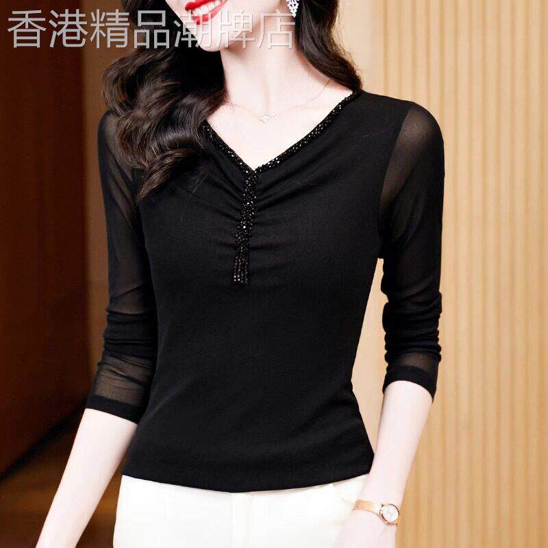 V领网纱仙女上衣黑色内搭打底衫女2026春季新款洋气小衫长袖t恤女