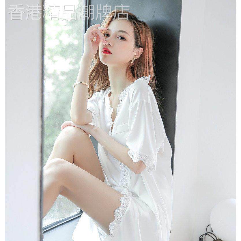 男友家很仙的睡裙女夏白色蕾丝公主风短袖性感睡衣薄款真丝家居服