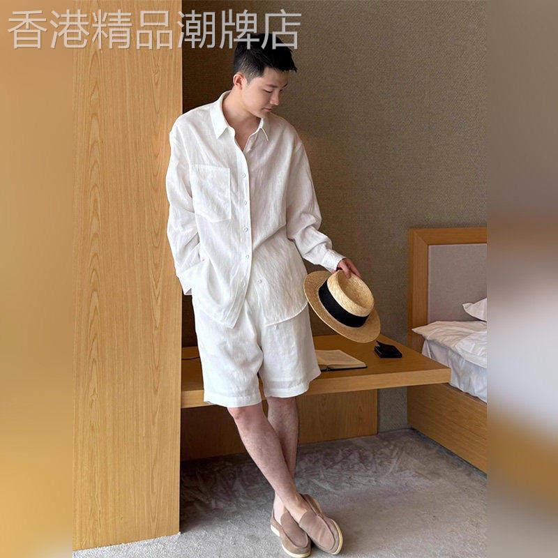 老钱松弛风水洗亚麻套装男夏肌理褶皱长袖衬衫直筒休闲五分裤全套