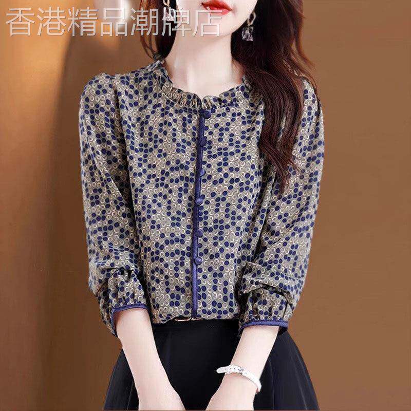 雪纺衬衫女春秋2025新款宽松减龄时髦复古显瘦印花长袖百搭上衣潮