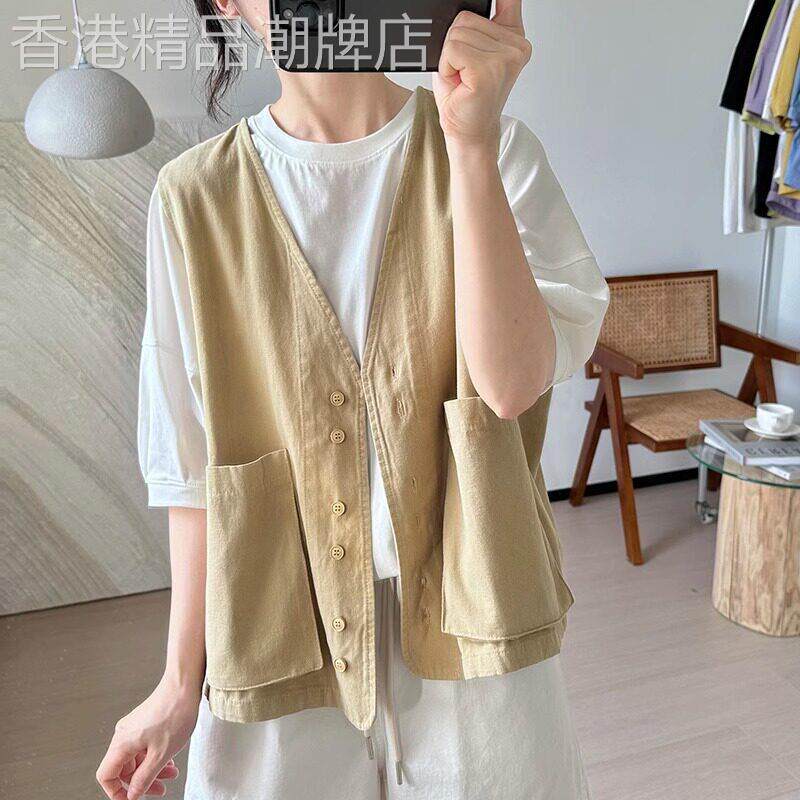 时尚工装马甲外套女春夏新款洋气休闲女士V领无袖开衫马夹上衣薄