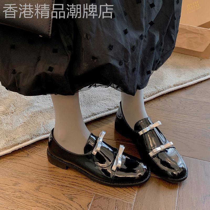 甜心黑巧~ 甜美少女拼色蝴蝶结圆头粗跟乐福鞋女配裙子单鞋春新款