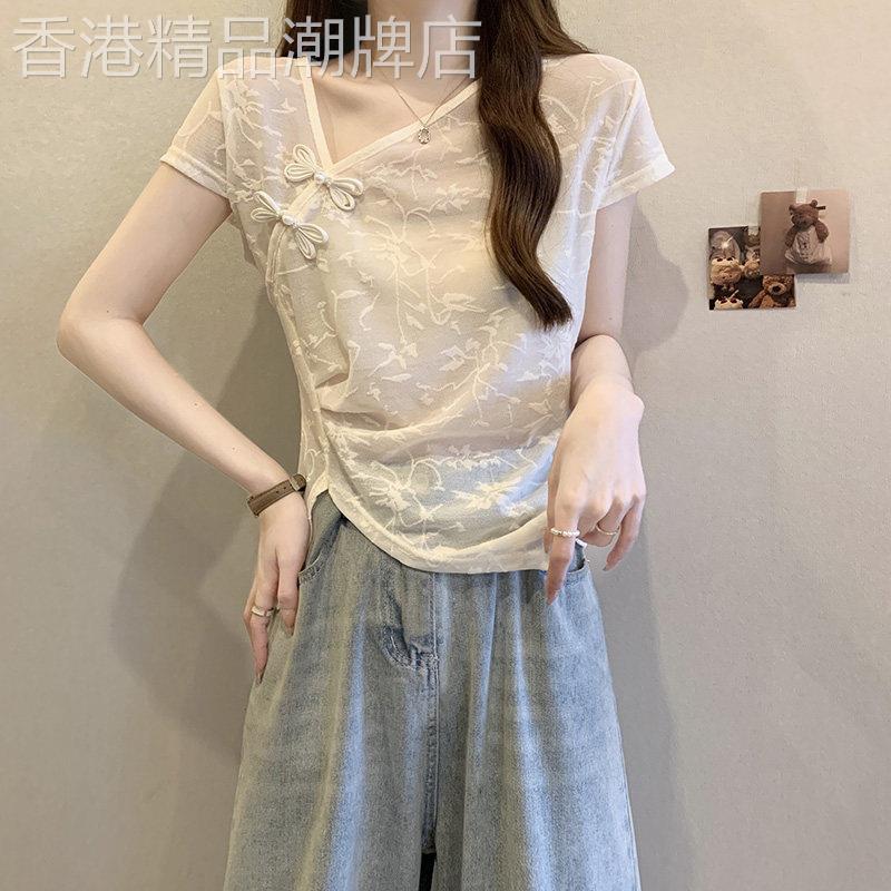 卡腰小衫短款洋气大码V领正肩短袖T恤女夏胖mm不规则白色雪纺上衣