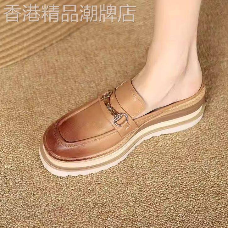 【欧洲AU高定】夏外穿包头半拖鞋新款复古真皮懒人松糕鞋厚底包鞋