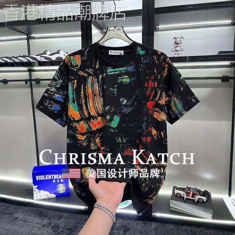 出口美国Chrisma Katch~设计感彩色涂鸦印花圆领短袖T恤上衣男