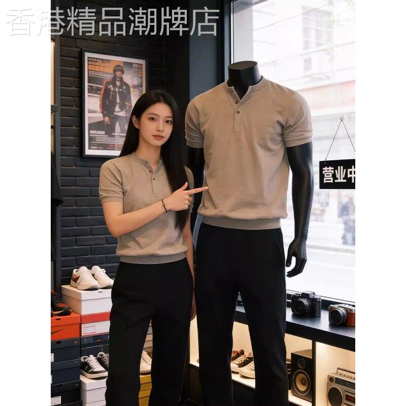 灰色亨利领短袖polo衫男士夏季美式潮牌收袖口健身显肌肉运动t恤