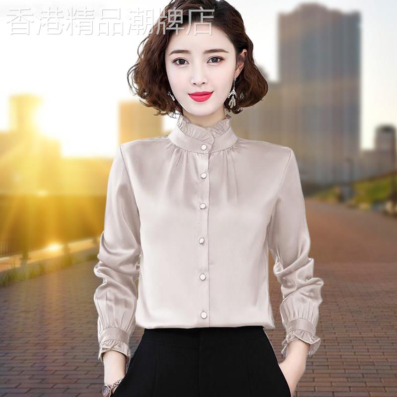 时尚休闲纯棉长袖衬衫女2026春秋新款气质立领职业上衣打底衫衬衣