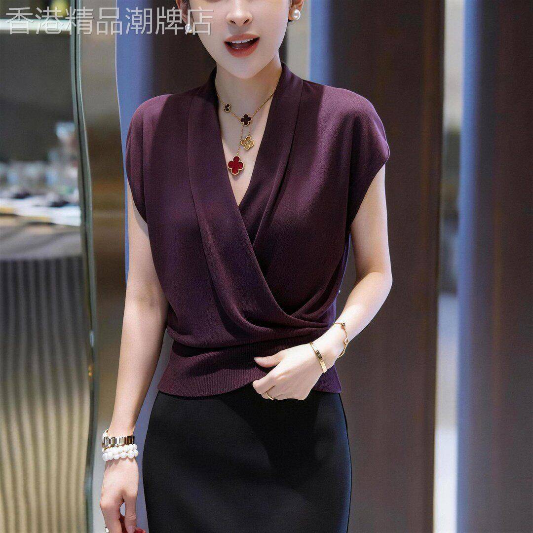 法式紫色设计感交叉V领短袖针织女夏季薄款显瘦气质减龄百搭上衣