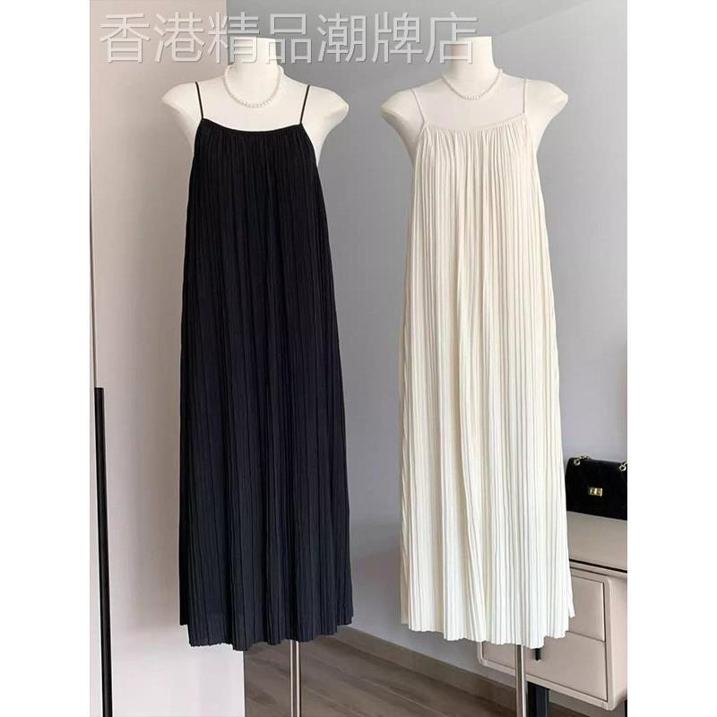 杏u领单吊带裙女士夏季欧洲站小众纹理过膝休闲修身连衣裙沙滩裙