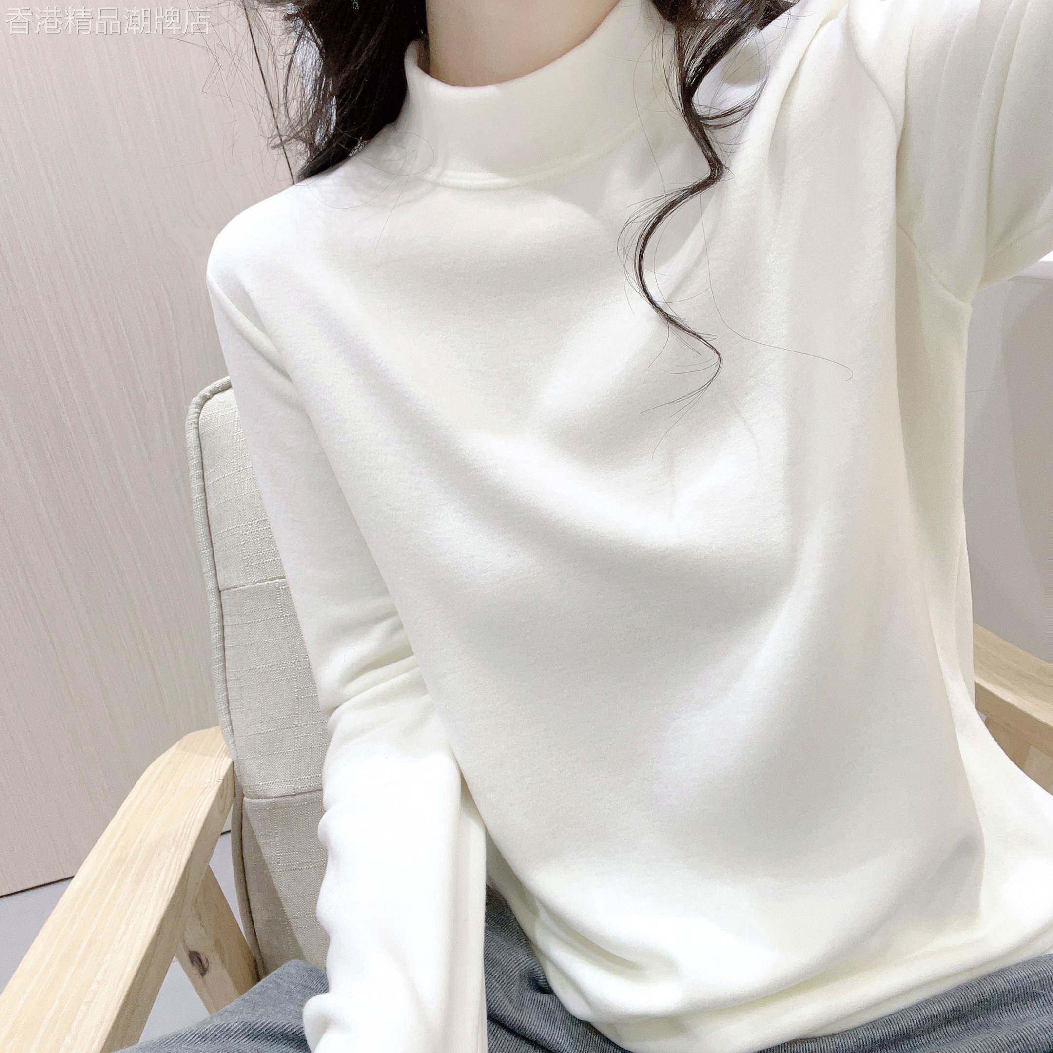 白色半高领软糯打底衫女秋冬季加厚保暖亲肤磨毛内搭长袖T恤上衣