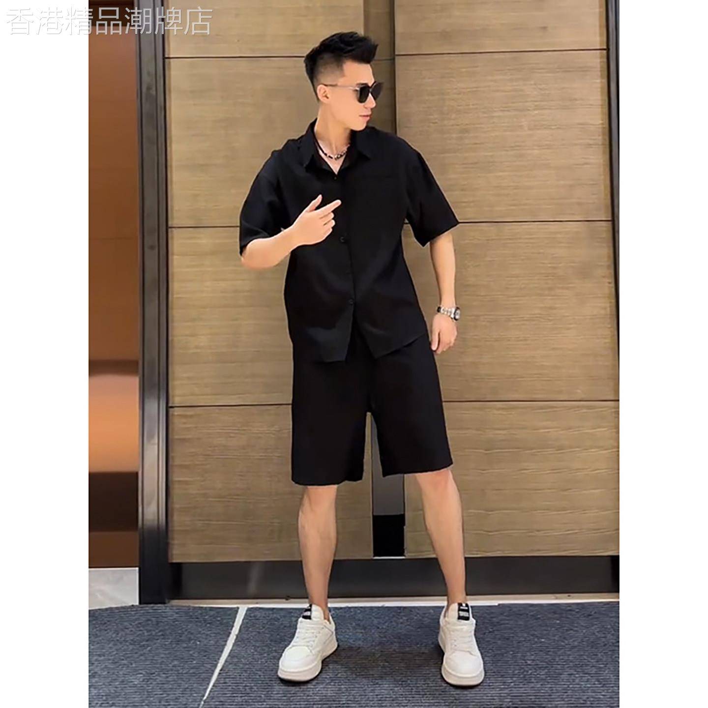 韩国Uamtor套装男夏季薄款醋酸冰丝短袖衬衫短裤酷帅穿搭高级痞帅