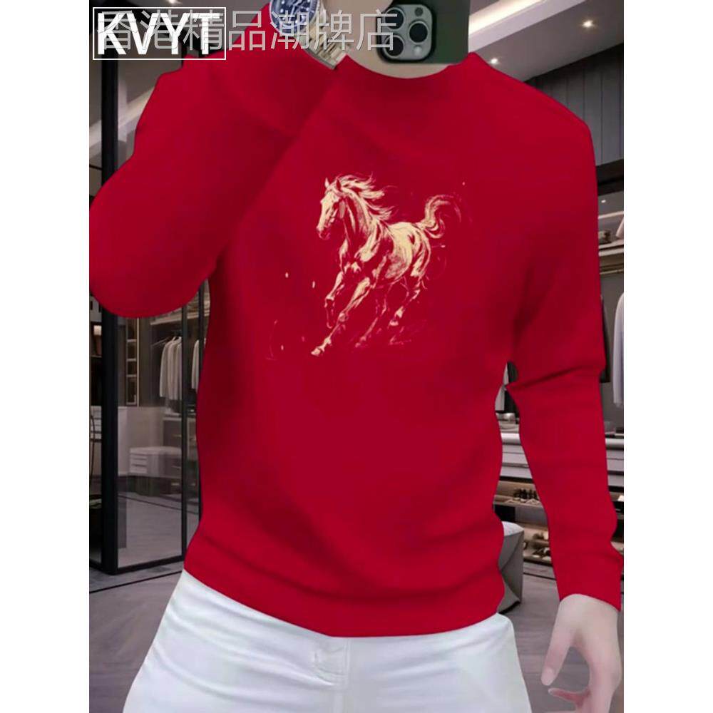 潮牌男士高级感加绒卫衣2025年秋冬季新款马年本命年红色上衣男款